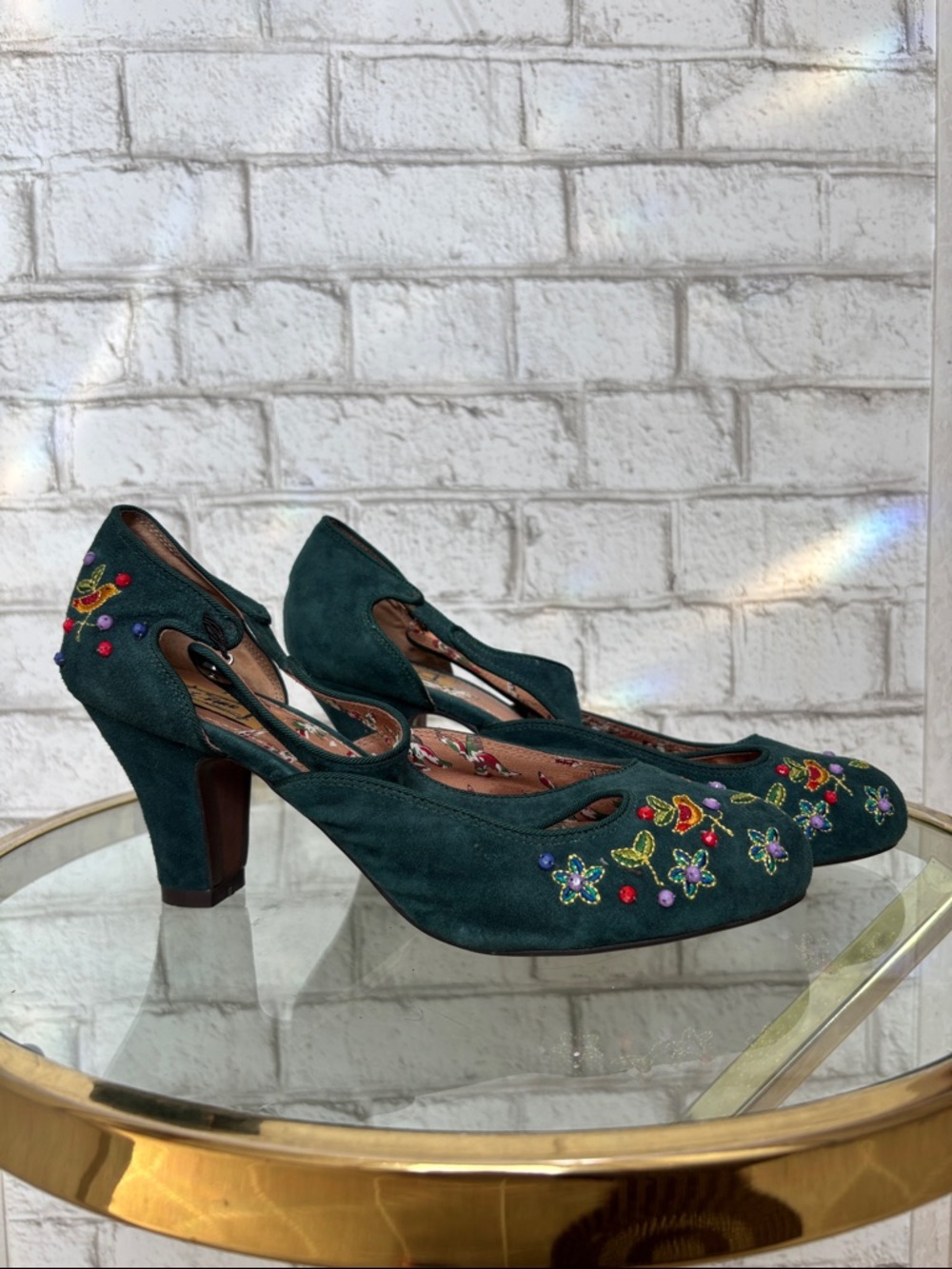 Teal Suede Embroidered T-Strap Heels - Women